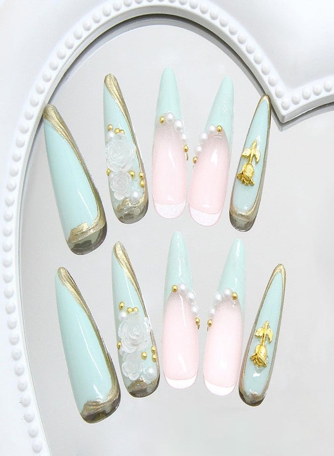 CJDLTS 24Pcs Green French Tip Press on Nails Long Length Gold Rose Flower and Pearl Design 3D Acrylic False Nail Full Cover Artificial Stick on Nails Almond Saped Press Ons Glue on Nails for Women - Image 3